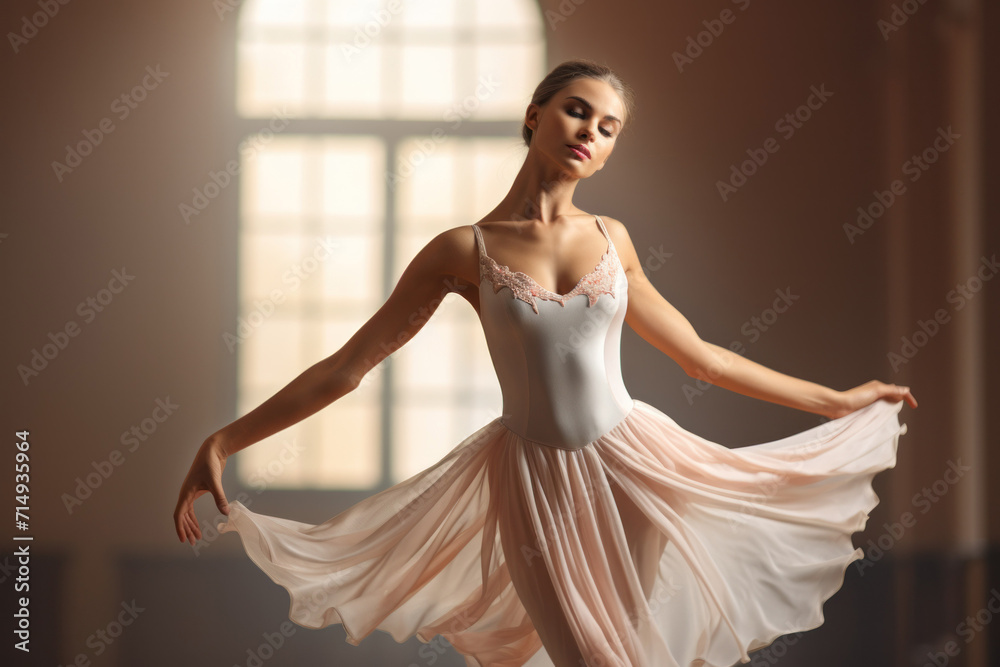 Elegant Ballet Dancer Twirling in Sunlit Studio Elegant Ballet Dancer Twirling in Sunlit Studio