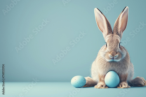 Easter greeting card with fluffy bunny and decorated blue eggs on a light blue background. Copy space.
