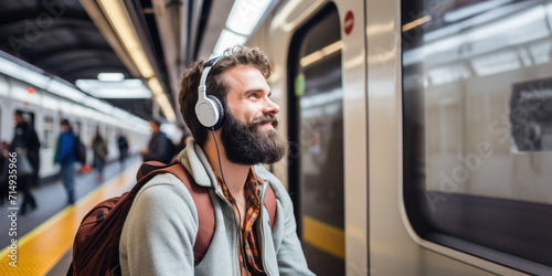 A bearded man in a casual jacket, lost in thought, immerses himself in music while waiting for his train. The subway, a blur of movement behind him