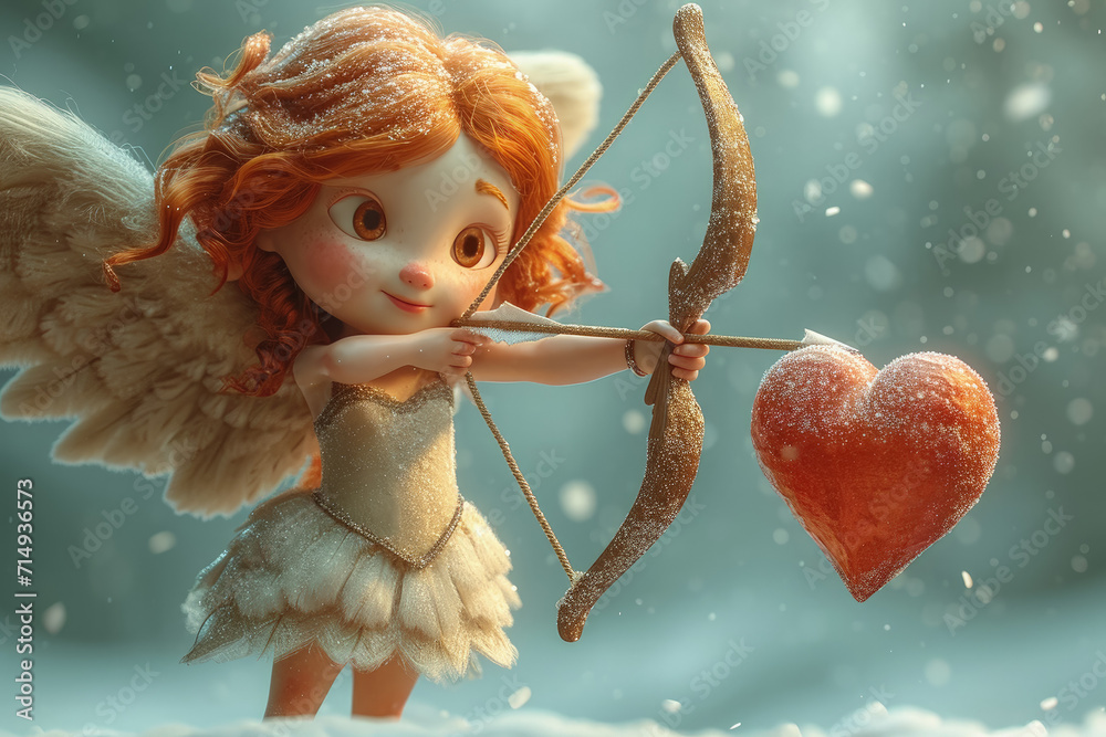 cupido en forma de bella muñeca de dibujos animados pelirroja con alas y arco con flecha apuntando a un corazón rojo, sobre fondo nevando desenfocado bokeh - obrazy, fototapety, plakaty 
