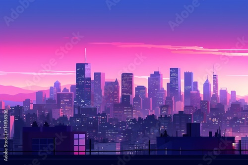 Urban cityscape at twilight with buildings illuminated by city lights, showcasing a gradient sky from indigo to magenta. © LOVE ALLAH LOVE