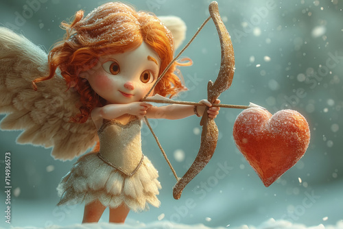 cupido en forma de bella muñeca de dibujos animados pelirroja con alas y arco con flecha apuntando a un corazón rojo, sobre fondo nevando desenfocado bokeh photo