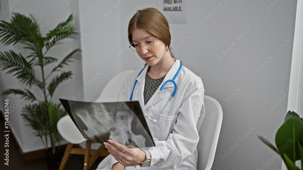 Young blonde woman doctor looking xray at clinic waiting room Young blonde woman doctor looking xray at clinic waiting room