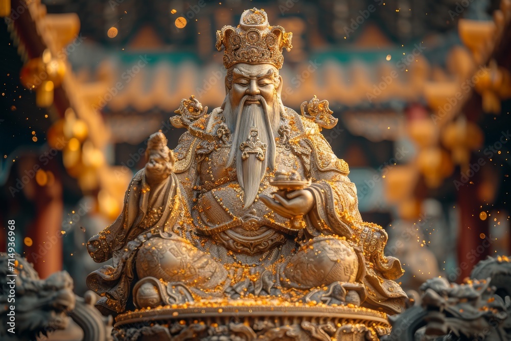 Golden Statue of Asian Deity.
A resplendent golden statue of an Asian deity, with intricate details, set against a temple background.