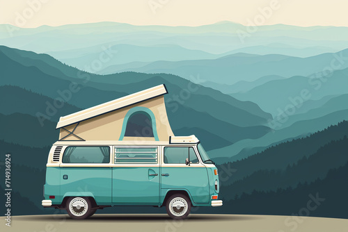 Traveling by blue Camper van through the mountains. © Tanya