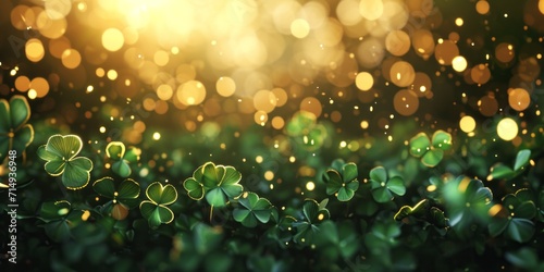 Abstract green blurred background with round bokeh for st patrick's day celebration with clovers