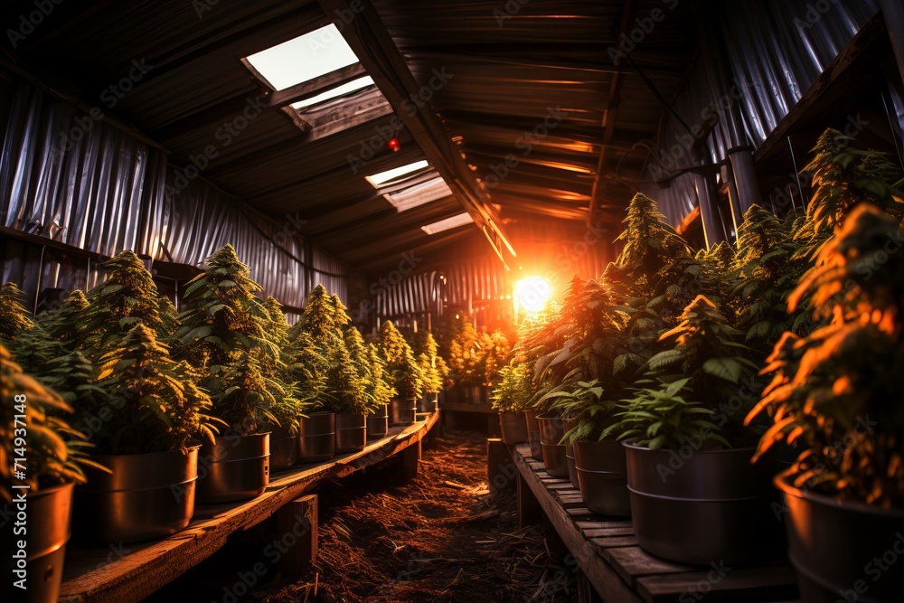 Thriving cannabis cultivation on an industrial scale. a glimpse into marijuana legalization - obrazy, fototapety, plakaty 