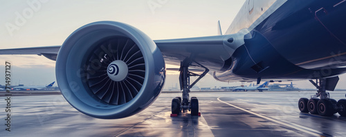 The close-up of a commercial airplane's engine and landing gear on the tarmac conveys the power and complexity of modern air travel.