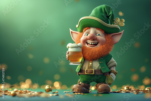 Cute smiling Irish leprechaun with a red beard in a green suit and hat with a glass of beer in his hand on a green background. Copy space. photo