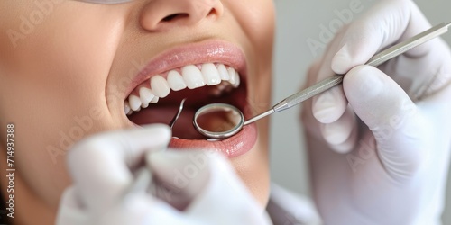 dentist is taking care of the beautiful woman s teeth