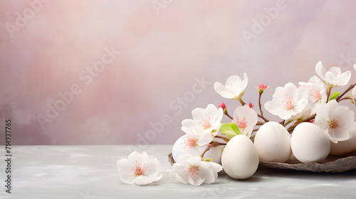 Easter background with white eggs and cherry blossom branches on a light background
