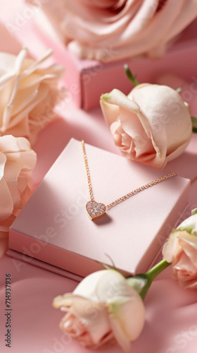 Delicate gold chain with a heart-shaped pendant  gift box  pink background. Valentine s Day Gift