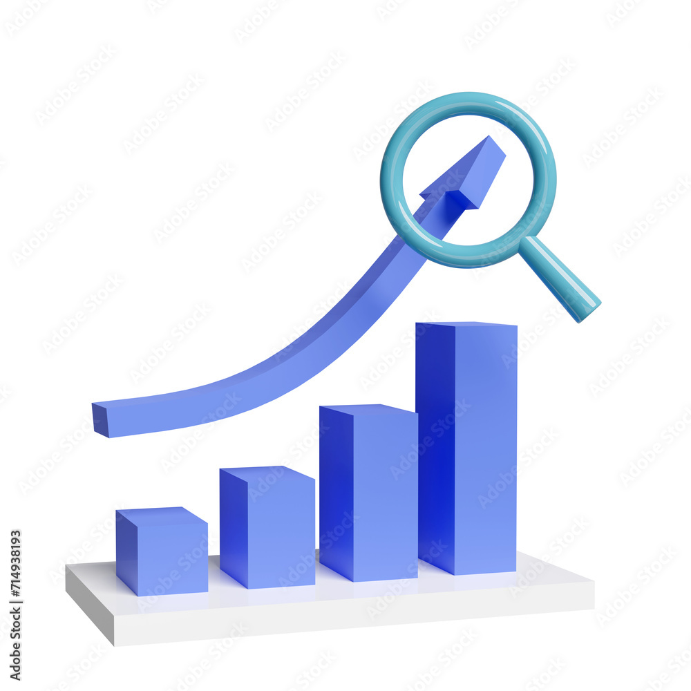 3D charts graph with magnifying glass, analysis business financial data, online marketing isolated. business strategy minimal concept, 3d render illustration 3D charts graph with magnifying glass, analysis business financial data, online marketing isolated. business strategy minimal concept, 3d render illustration