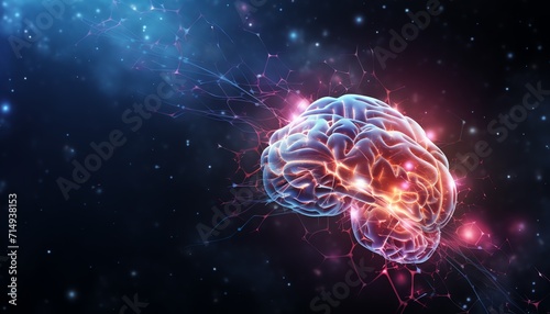 Digital illustration of a human brain with glowing neurons, symbolizing intelligence and neural activity, against a dark starry background.