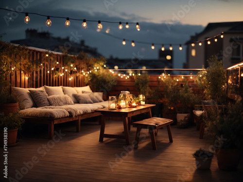 View over a cozy outdoor terrace with outdoor string lights. Autumn evening on the roof terrace design.