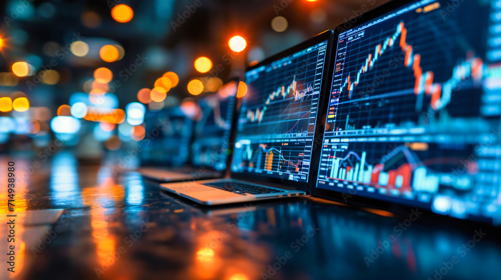 Stock market analysis: A businessman analyzing stock market data on a laptop, combining finance and technology - obrazy, fototapety, plakaty 