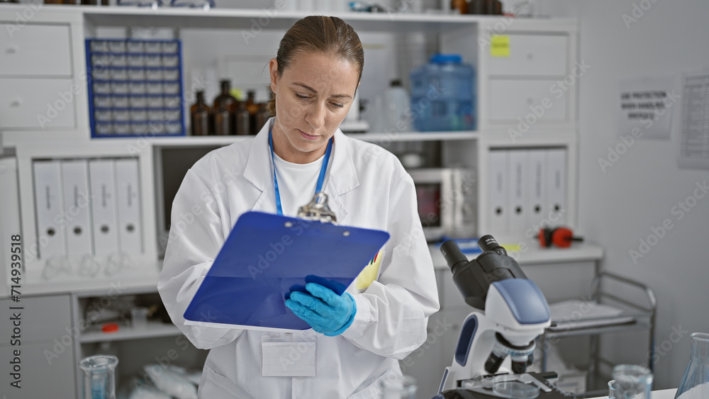 Focused young blonde scientist, clipboard in hand, diligently conducts precise medical research in a bustling laboratory, immersing herself in the crucial academic rigors of her work. Focused young blonde scientist, clipboard in hand, diligently conducts precise medical research in a bustling laboratory, immersing herself in the crucial academic rigors of her work.