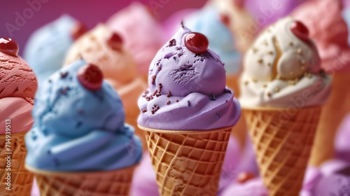 Colorful ice cream flavor scoops on cone background, 