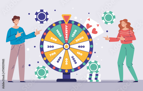 Lottery luck lucky win wheel spin game jackpot roulette concept. Vector graphic design illustration