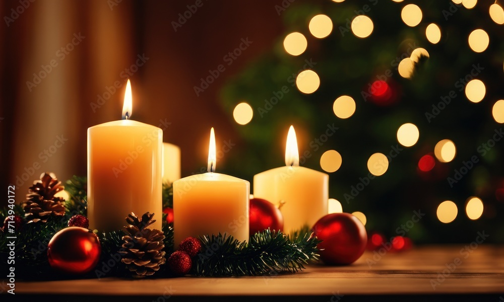 A burning candle against the backdrop of a Christmas decoration with garlands of lights. Happy New Year and Merry Christmas. Romantic atmosphere, first date, Christmas eve miracle A burning candle against the backdrop of a Christmas decoration with garlands of lights. Happy New Year and Merry Christmas. Romantic atmosphere, first date, Christmas eve miracle