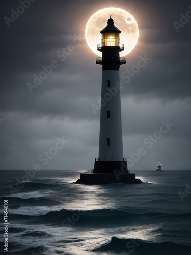 A beautiful photo of the ocean with a lighthouse Generative AI © Flashup