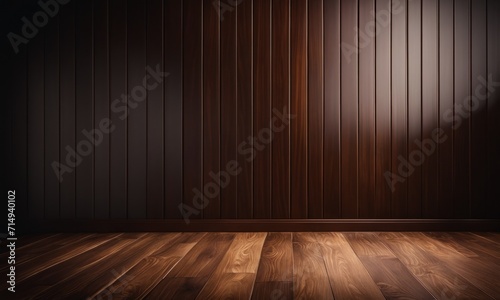 Dark brown classic wooden texture highlighted wall background with free space  mock up room  parquet floor