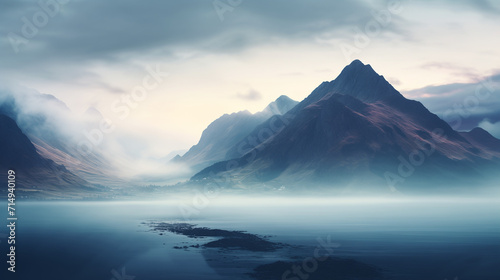 Scenic view of fog over mountain range and sea, Ai generated image