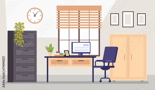 Office workstation furniture interior concept. Vector flat graphic design cartoon illustration