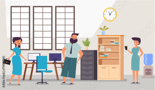 People office workers characters talking and working. Office life interior concept. Vector flat graphic design illustration