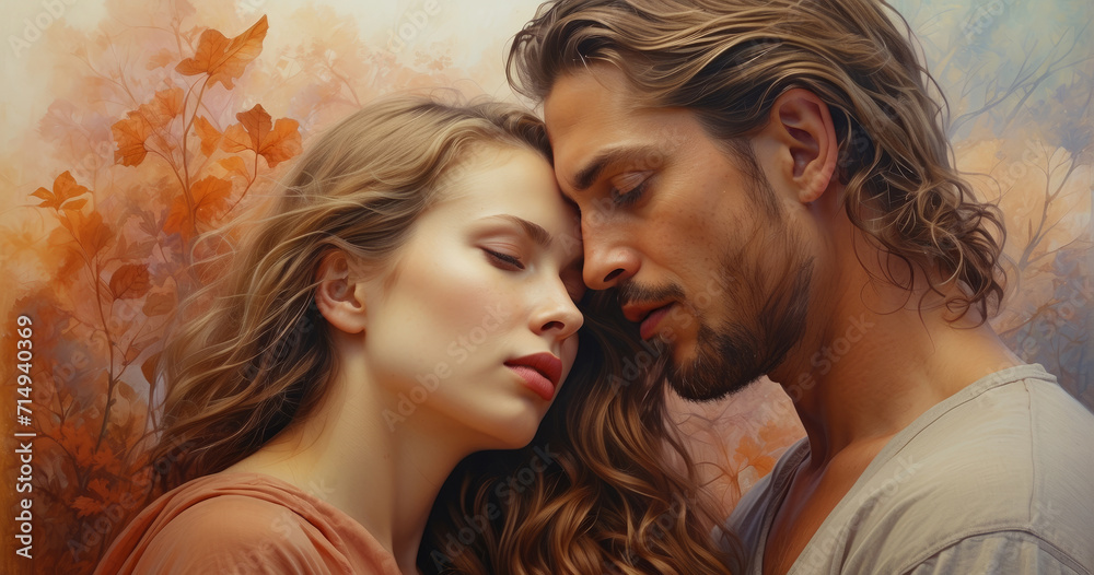 Fototapeta premium A beautiful couple in love. A man and a woman in a gentle embrace . illustration of Valentine's Day. the concept of family