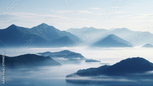Scenic view of fog over mountain range and sea, Ai generated image