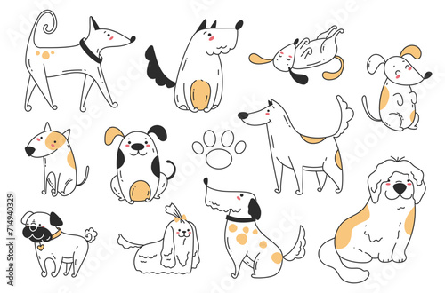 Doodle sketch line art animal dogs puppy characters hand drawn isolated set. Vector graphic design element illustration