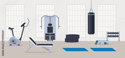 Empty modern gym concept. Vector flat cartoon graphic design illustration