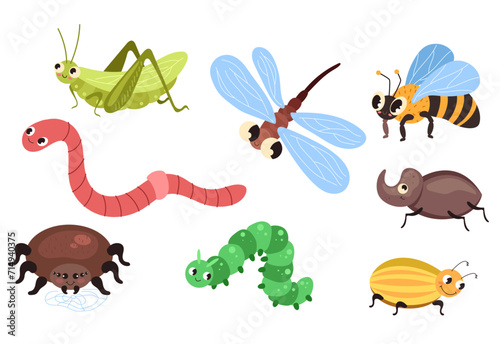 Beetles insects caterpillars worm ant spider butterfly mosquito bee isolated set. Vector flat modern style graphic design cartoon illustration