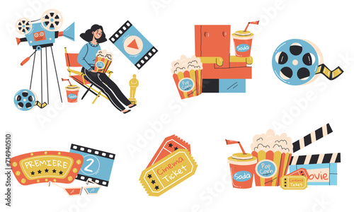 Cinema theater movie film studio production line doodle isolated icon set. Vector flat graphic design element concept