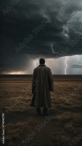 Lone Man Standing in Field During Intense Storm Battling Natures Forces. Generative AI.