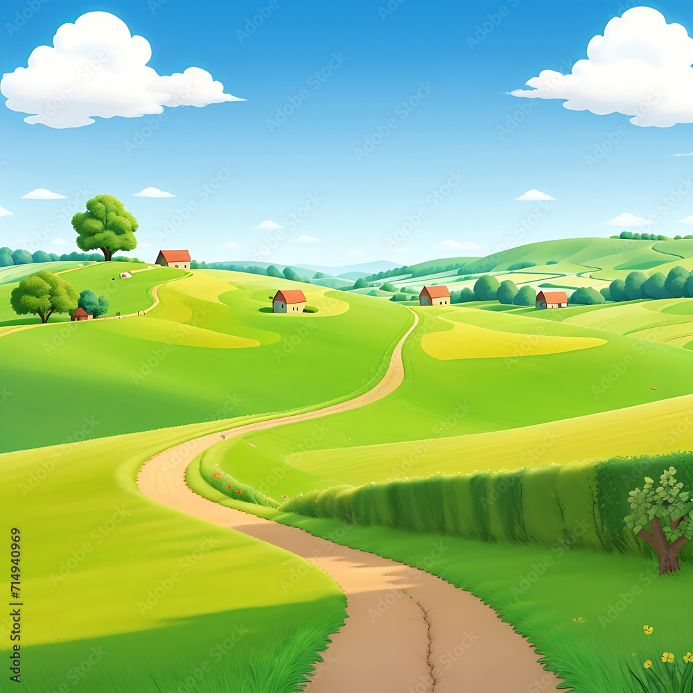 Animate cartoon Green field Landscape