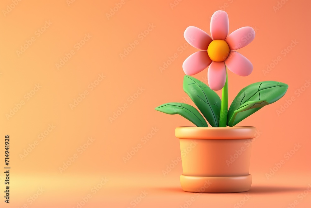 3D Flower in Pot on Orange Background
