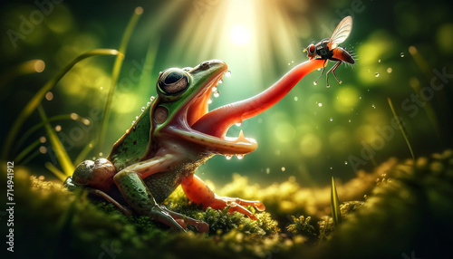 This image captures a moment of interaction between a green frog with its tongue out and a hovering fly against a sunlit, natural backdrop.Frog behavior concept. AI generated.	