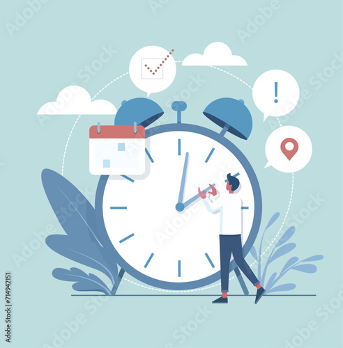 Alarm Clock Reminder on a Pastel Background. Time management conceptual Vector Illustration.