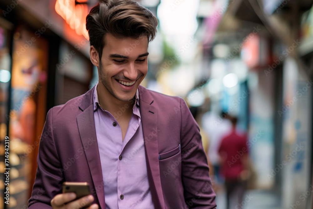 Fototapeta premium Smiling Man in Purple Suit Looking at Phone Generative AI