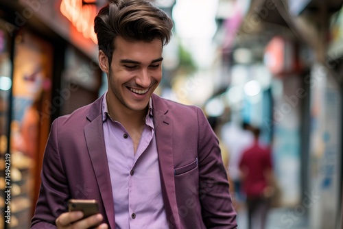 Smiling Man in Purple Suit Looking at Phone Generative AI