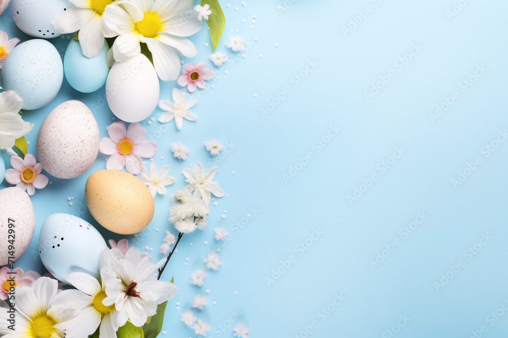 Easter eggs on blue background, empty space Easter eggs on blue background, empty space