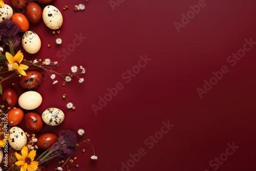 Easter Eggs and Flowers on Maroon Background