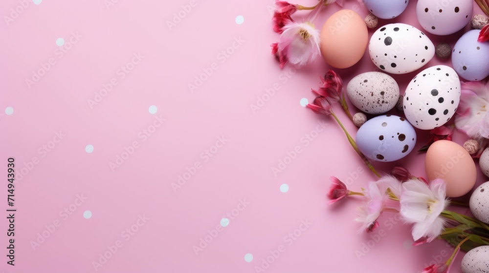 Decorative Easter eggs with spring blossoms on a soft pink surface