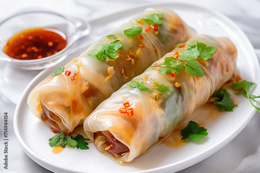 Raw Spring rolls with vegetables and sweet chili sauce on the white table Raw Spring rolls with vegetables and sweet chili sauce on the white table