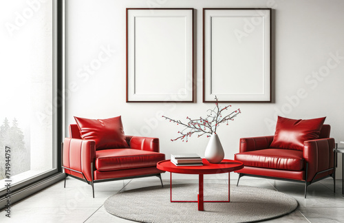 two mock up minimal white frame picture on wall in the living room, Near red leather armchair, red coffee table. Generative AI