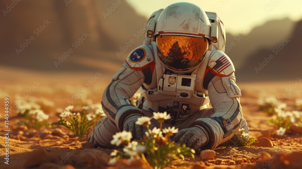 An astronaut planting flower on dry sand in the desert. Generative AI An astronaut planting flower on dry sand in the desert. Generative AI