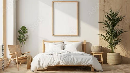 A wooden frame mock up on the wall over bed in the bedroom, Contemporary minimal interior design. Generative AI