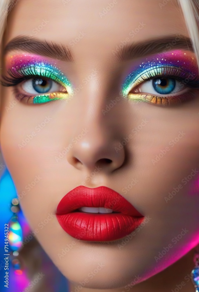 The image features a close-up of a woman with a bold makeup look, including multicolored glitter on her eyelids and lips. The woman's eyes are blue and she has blonde hair.